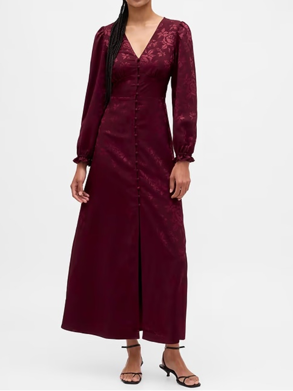 Long Sleeve V-Neck Maxi Dress in Burgundy